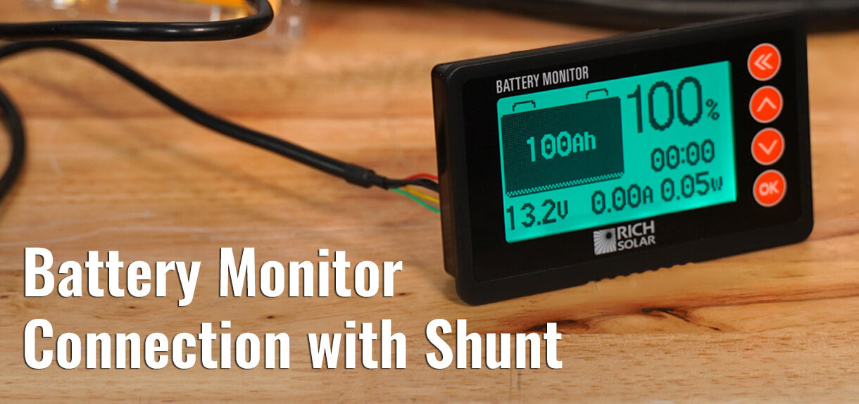 A battery monitor connected to a power supply, illustrating the setup for monitoring battery performance with a shunt.