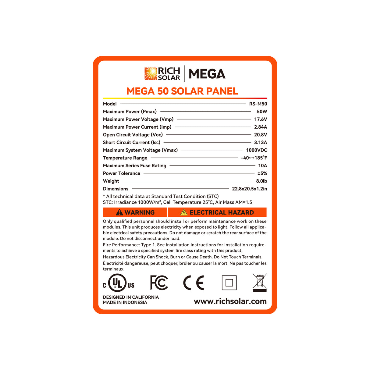 MEGA 50 | 50 Watt Solar Panel | Compact 12V Off-Grid Solar Panel for Boats, Vans, Trailers | 25-Year Output Warranty | UL Certified - RICH SOLAR