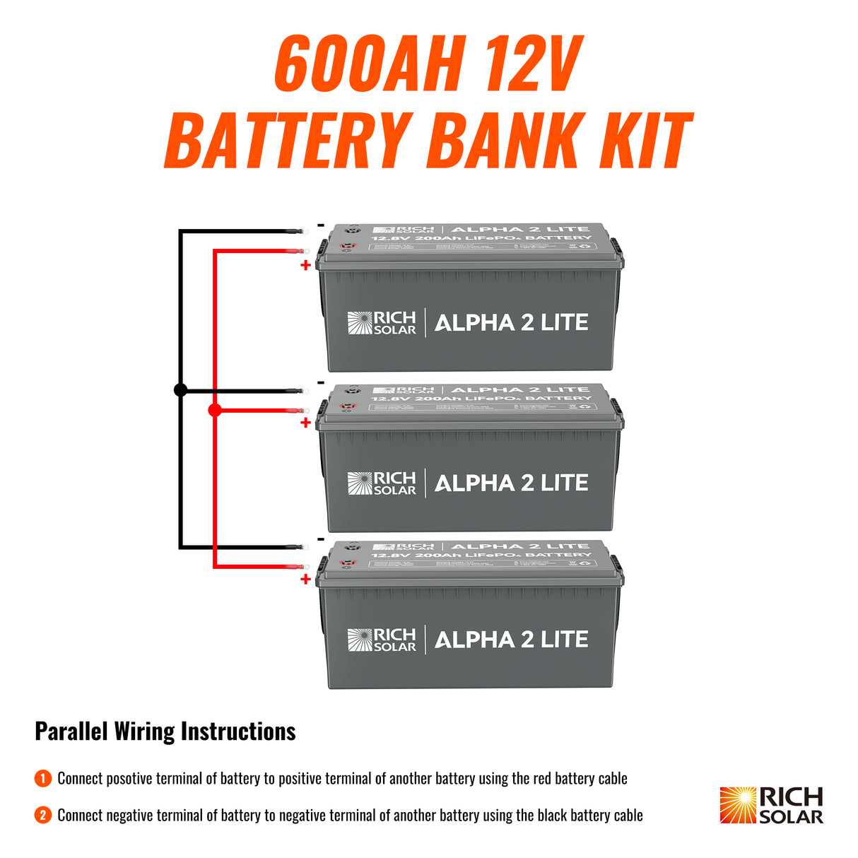 600Ah 12V LiFePO4 Off-Grid Battery Kit | 7.6kWh Deep Cycle Lithium Battery Bank | Powerful 600Ah Battery Bank for RVs, Trailers, Cabins, Campers, Vans, Off-Grid | 3 X ALPHA 2 LITE in Parallel - RICH SOLAR