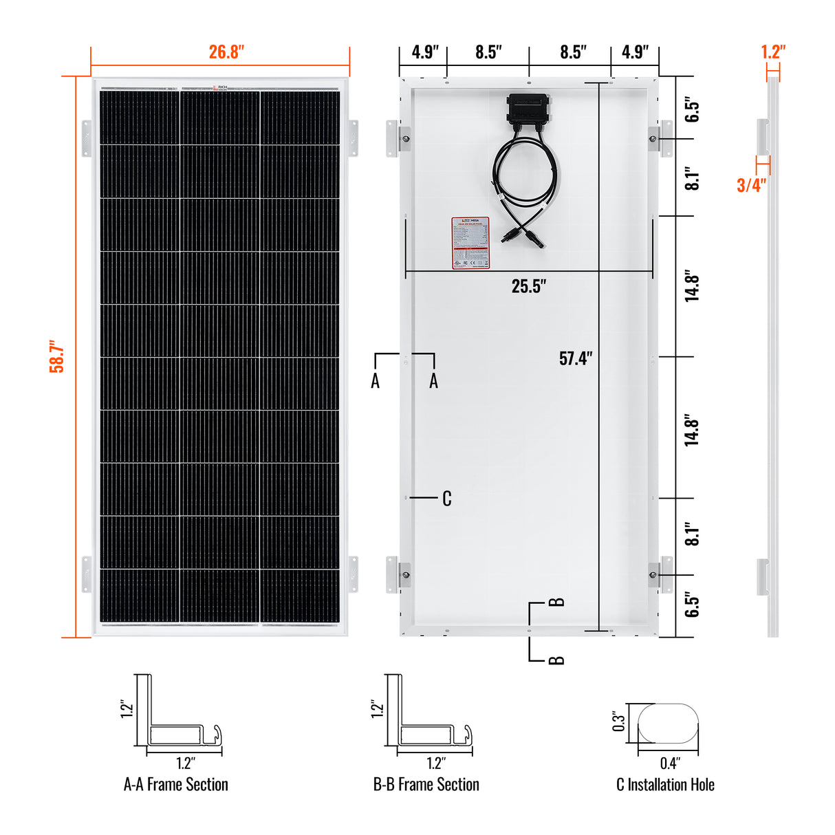 MEGA 200 WITH 2" BRACKETS | 12V 200W Solar Panel for RV, Boat, Cabins | 24.8% Efficiency, 25-Year Warranty | PALLET ORDER ONLY MOQ 44PCS - RICH SOLAR