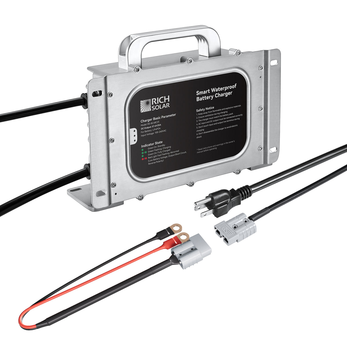 48V (57.6V) Waterproof LiFePO4 Charger | 20A / 25A, 100-240V AC, 8-in-1 Protection, Fan-Cooled