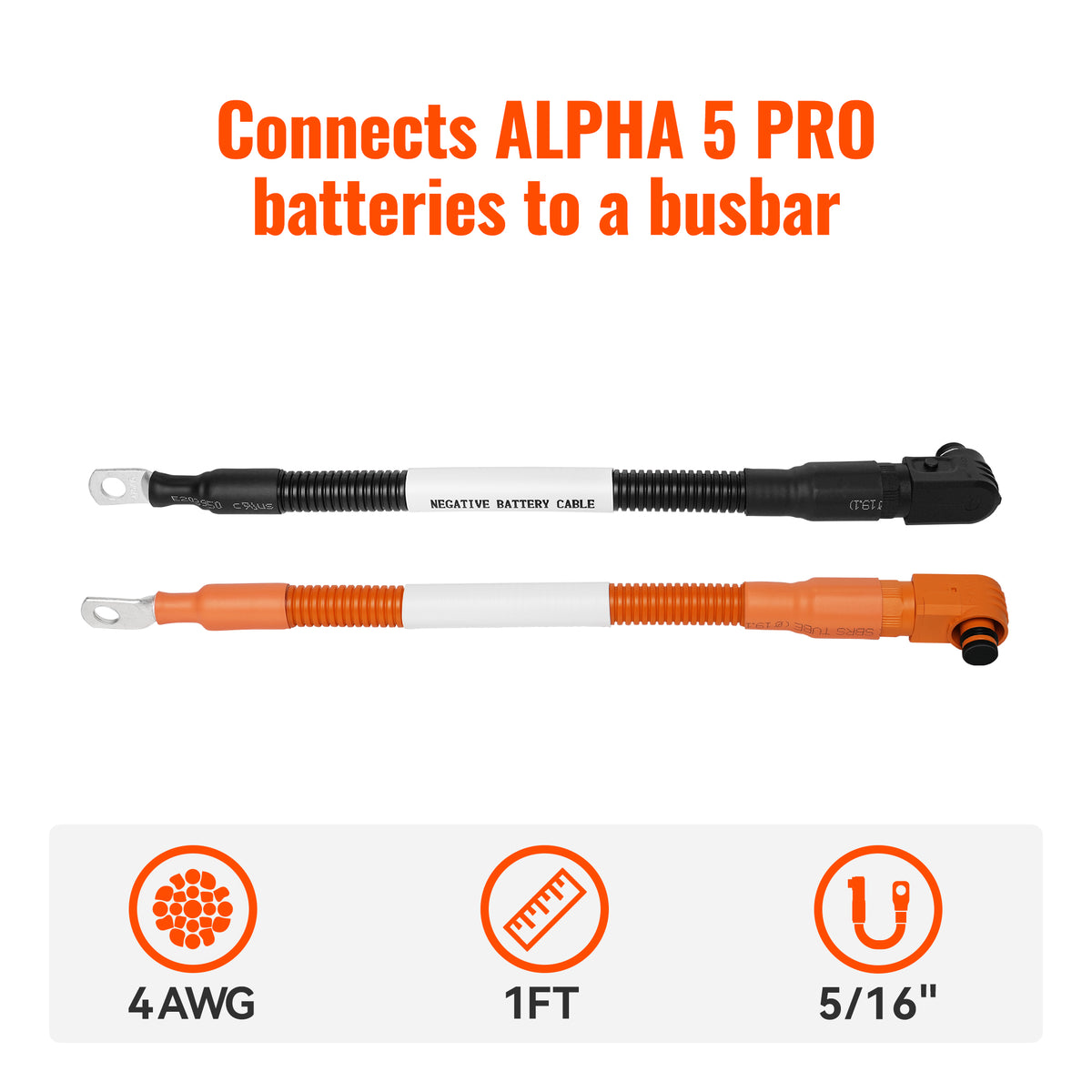 4 AWG 5/16” Battery Cables | Pair of 1 FT Orange & Black Pure Copper Battery Cables for Server Rack Busbar - RICH SOLAR