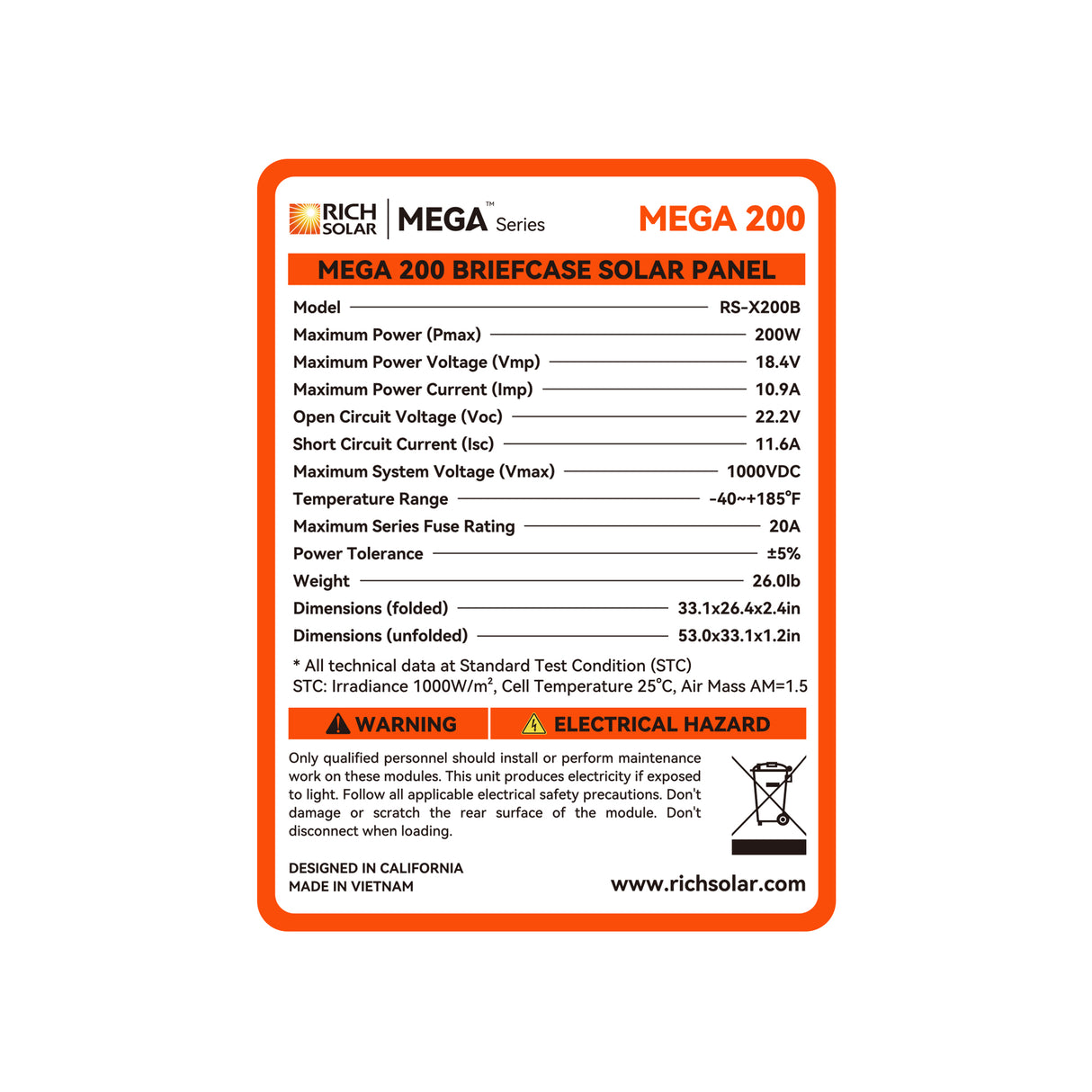 MEGA 200 Portable Briefcase Solar Panel | 200 Watt Portable Solar Panel | Powerful 12V Portable Solar Panel for Generators, Power Stations, Campers | High Efficiency - RICH SOLAR