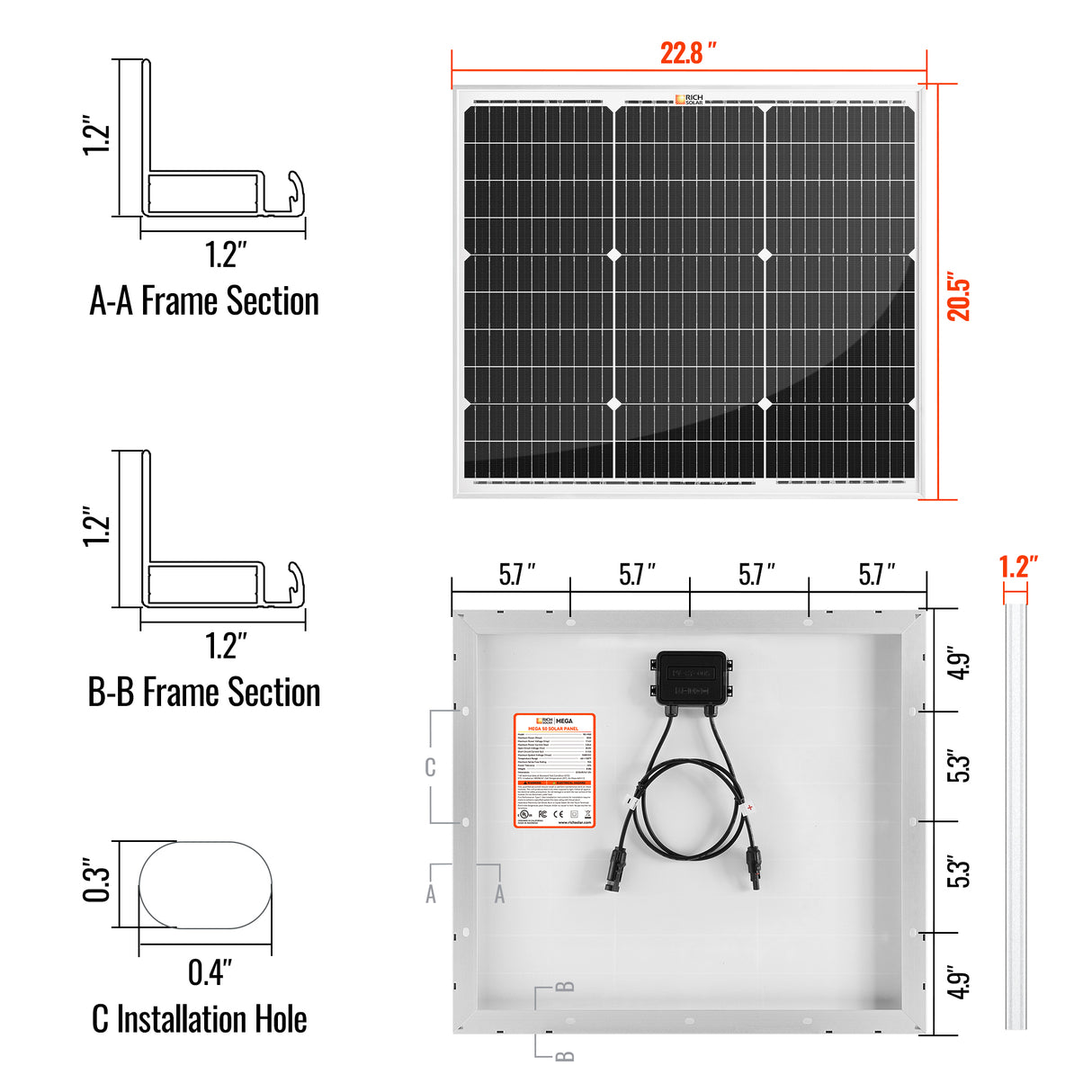 MEGA 50 | 50 Watt Solar Panel | Compact 12V Off-Grid Solar Panel for Boats, Vans, Trailers | 25-Year Output Warranty | UL Certified - RICH SOLAR