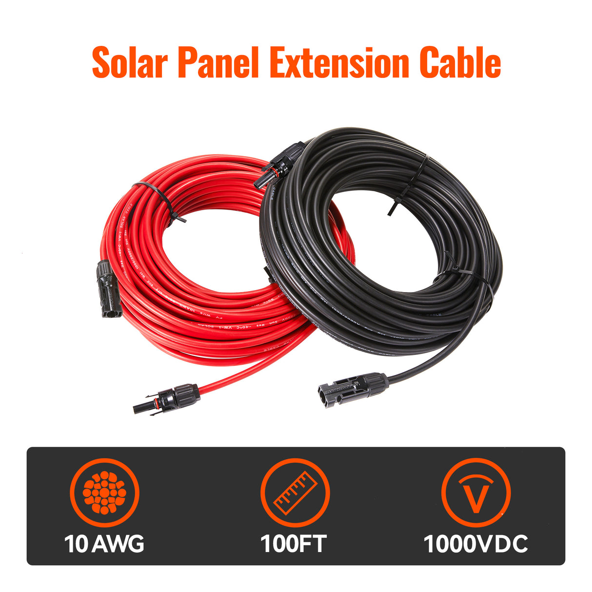 10 Gauge Solar Panel Extension Cable with Male and Female Solar Connector Ends | Pair of 10AWG Red and Black Extension Wire with Connectors on Both Ends | Choose Cable Length: 10ft, 15ft, 20ft, 30ft, 50ft, 75ft, 100ft