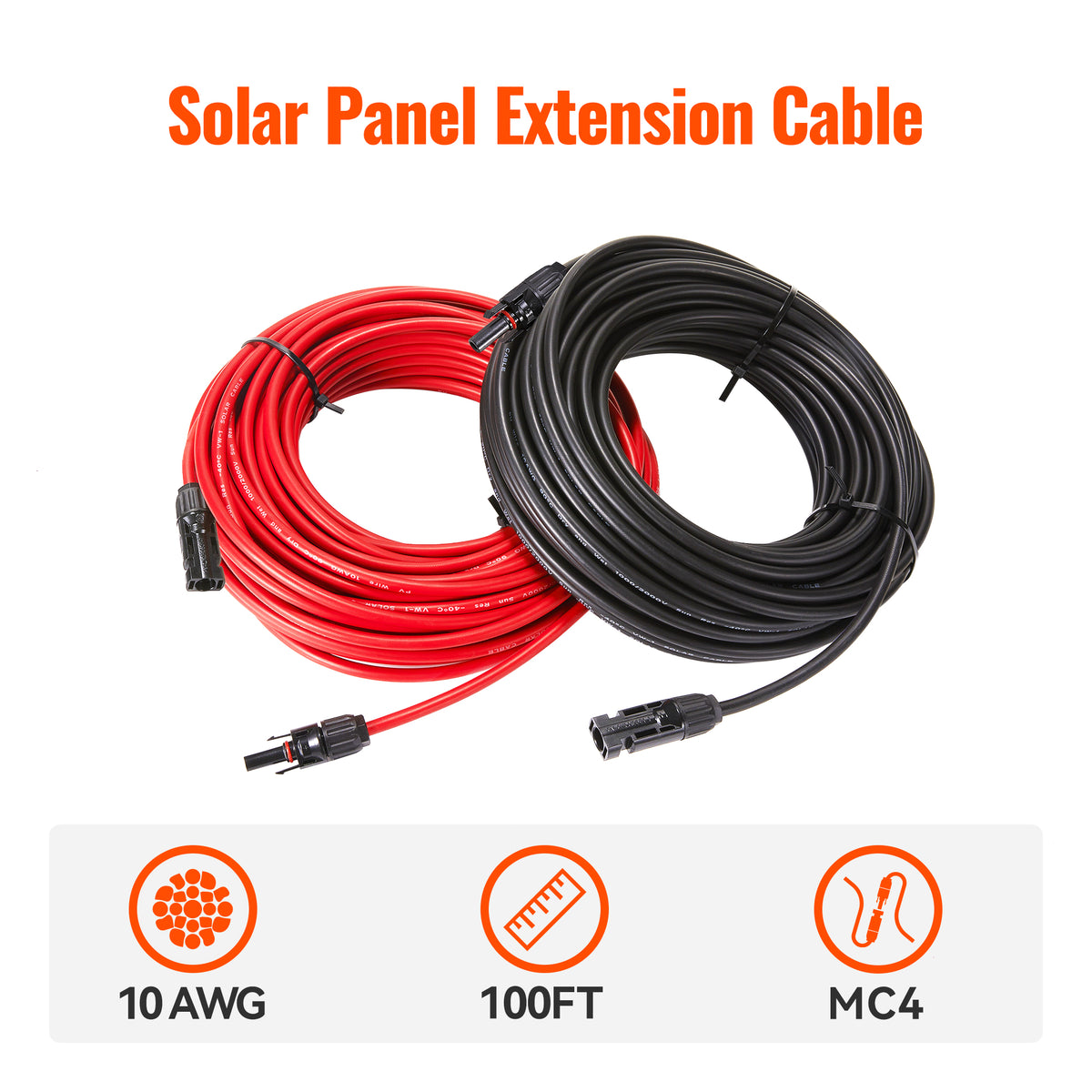 10 Gauge Solar Panel Extension Cable with Male and Female Solar Connector Ends | Pair of 10AWG Red and Black Extension Wire with Connectors on Both Ends | Choose Cable Length: 10ft, 15ft, 20ft, 30ft, 50ft, 75ft, 100ft - RICH SOLAR
