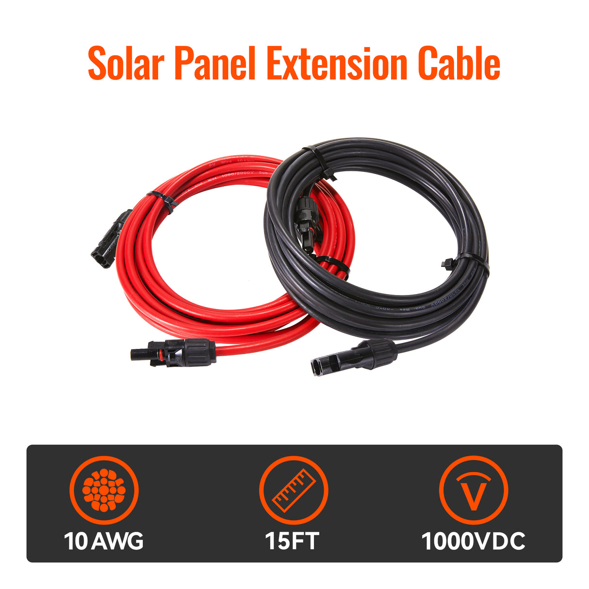 10 Gauge Solar Panel Extension Cable with Male and Female Solar Connector Ends | Pair of 10AWG Red and Black Extension Wire with Connectors on Both Ends | Choose Cable Length: 10ft, 15ft, 20ft, 30ft, 50ft, 75ft, 100ft