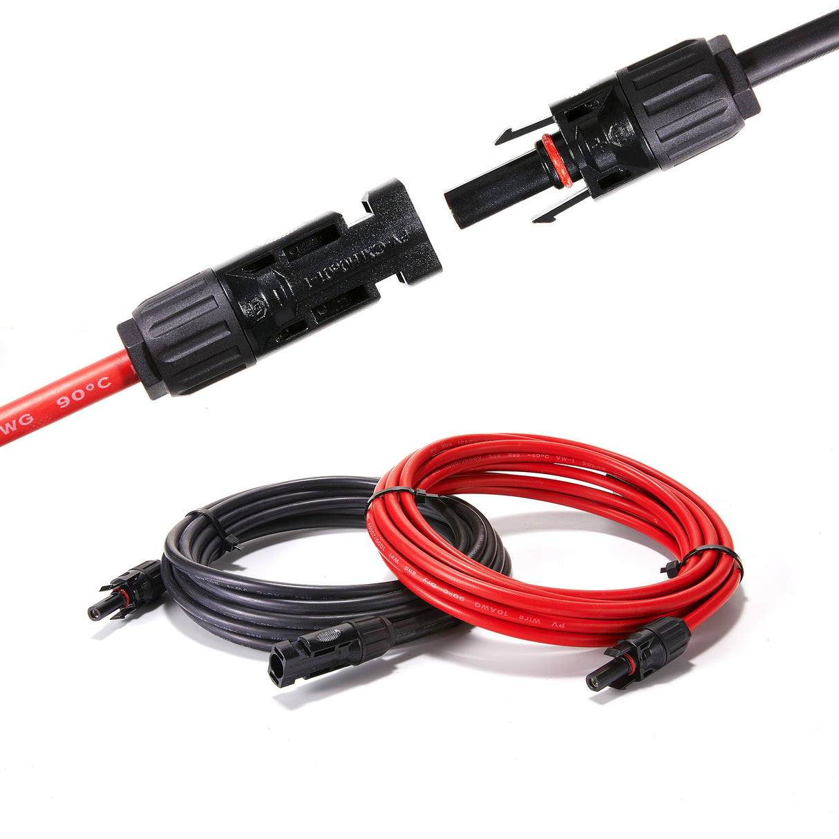 10 Gauge Solar Panel Extension Cable with Male and Female Solar Connector Ends | Pair of 10AWG Red and Black Extension Wire with Connectors on Both Ends | Choose Cable Length: 10ft, 15ft, 20ft, 30ft, 50ft, 75ft, 100ft