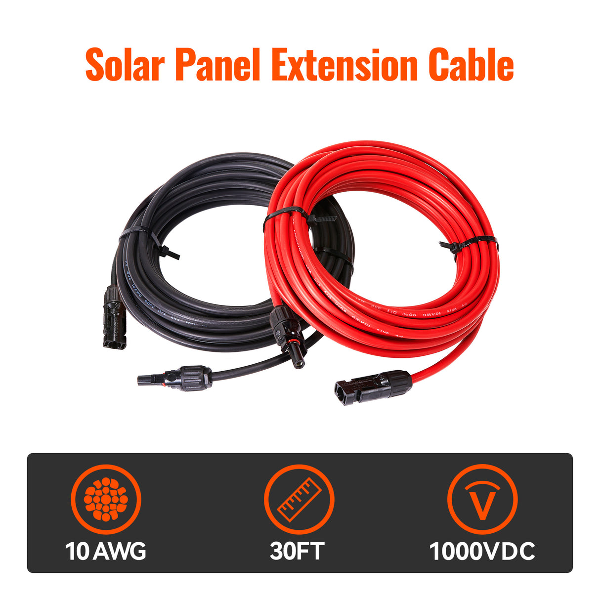 10 Gauge Solar Panel Extension Cable with Male and Female Solar Connector Ends | Pair of 10AWG Red and Black Extension Wire with Connectors on Both Ends | Choose Cable Length: 10ft, 15ft, 20ft, 30ft, 50ft, 75ft, 100ft