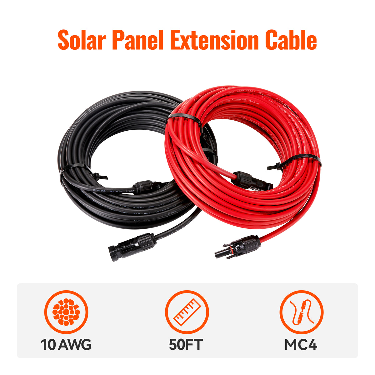 10 Gauge Solar Panel Extension Cable with Male and Female Solar Connector Ends | Pair of 10AWG Red and Black Extension Wire with Connectors on Both Ends | Choose Cable Length: 10ft, 15ft, 20ft, 30ft, 50ft, 75ft, 100ft - RICH SOLAR