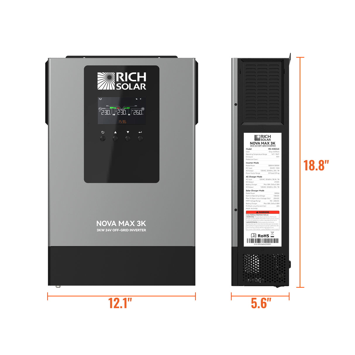 NOVA MAX 3K | 24V 3000W Off-Grid Hybrid Inverter | Pure Sine Wave Power for RVs, Campers, Vans, Trailers, Boats & Off-Grid Systems - RICH SOLAR