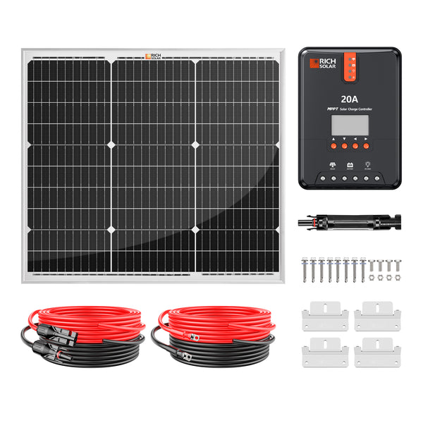 50 Watt Solar Kit | Includes 50W Solar Panel + 20A MPPT Solar Controller + Wires and Brackets | DIY Complete Solar Kit without Batteries