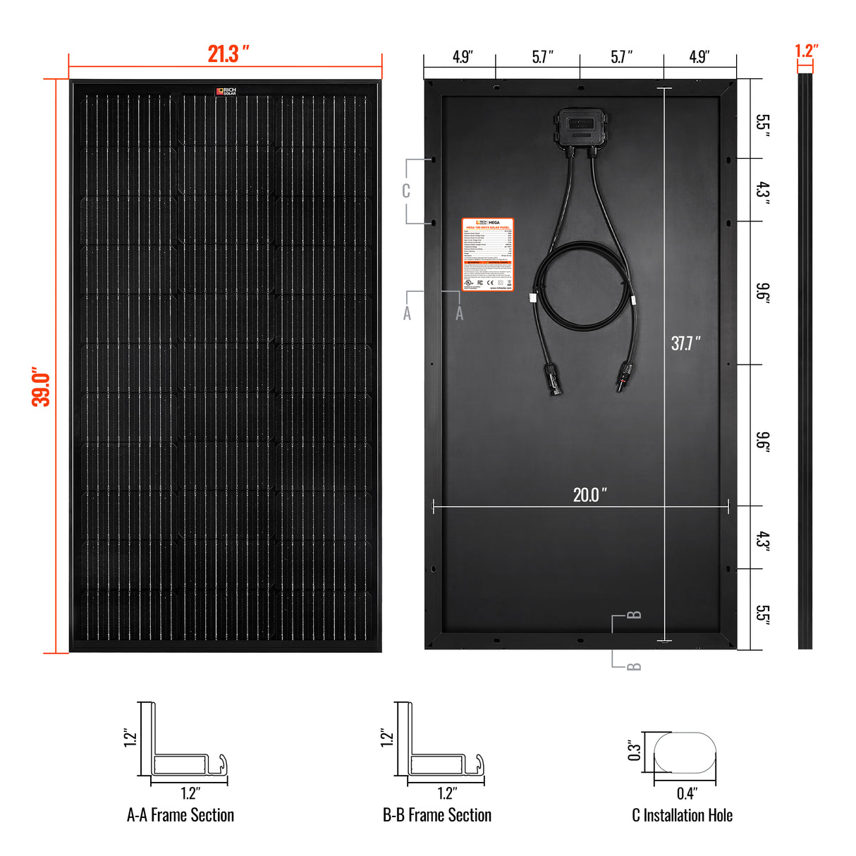 MEGA 100 ONYX | 100 Watt Solar Panel | Premier 12V Off-Grid Solar Panel for Vans, Campers, Boats | 25-Year Output Warranty