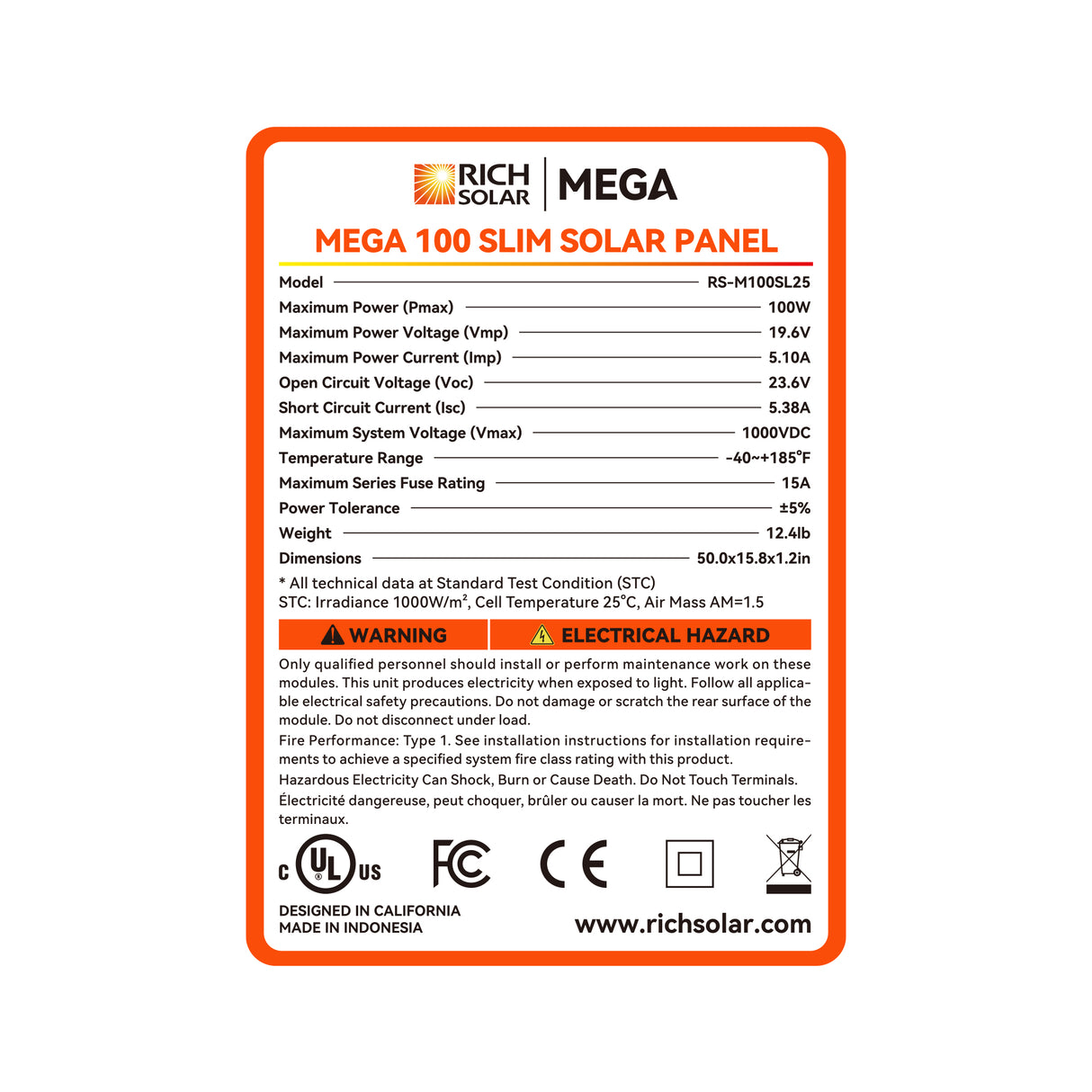 MEGA 100 SLIM | 100 Watt Slim Solar Panel | Compact 12V Off-Grid Narrow Solar Panel for Vans, Overlanders, Boats | 25-Year Output Warranty | UL Certified