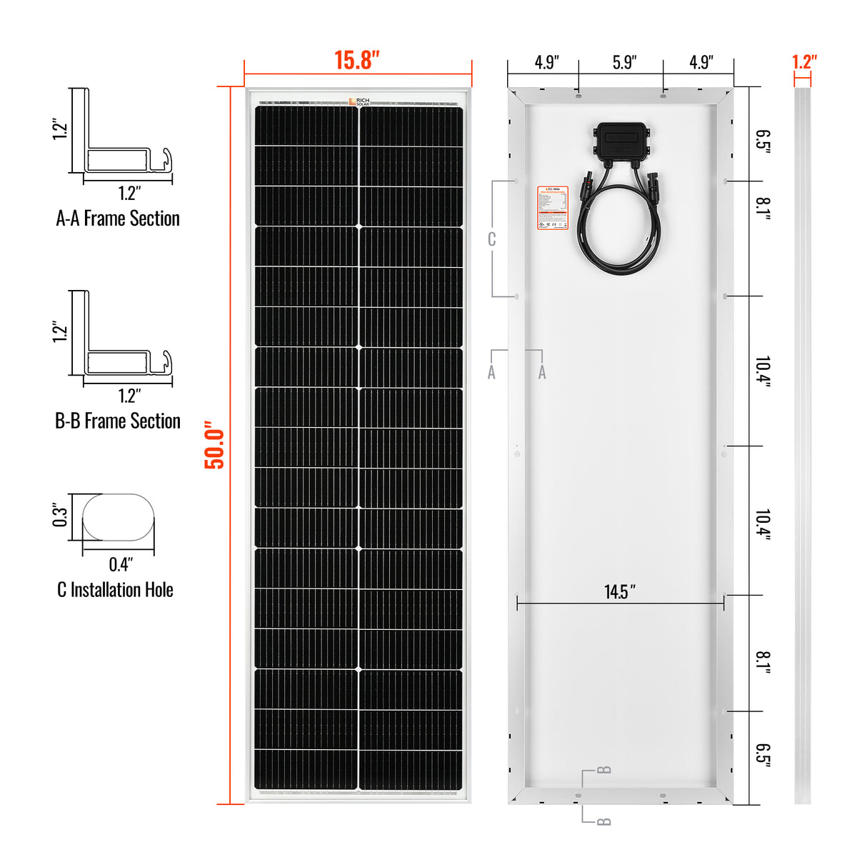 MEGA 100 SLIM | 100 Watt Slim Solar Panel | Compact 12V Off-Grid Narrow Solar Panel for Vans, Overlanders, Boats | 25-Year Output Warranty | UL Certified - RICH SOLAR