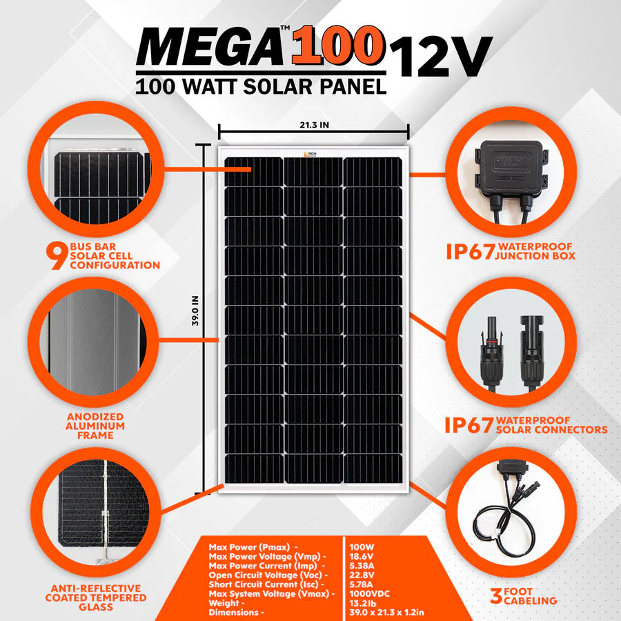 MEGA 100 | 100 Watt Solar Panel | Premier 12V Off-Grid Solar Panel for Vans, Campers, Boats | 25-Year Output Warranty | UL Certified - RICH SOLAR