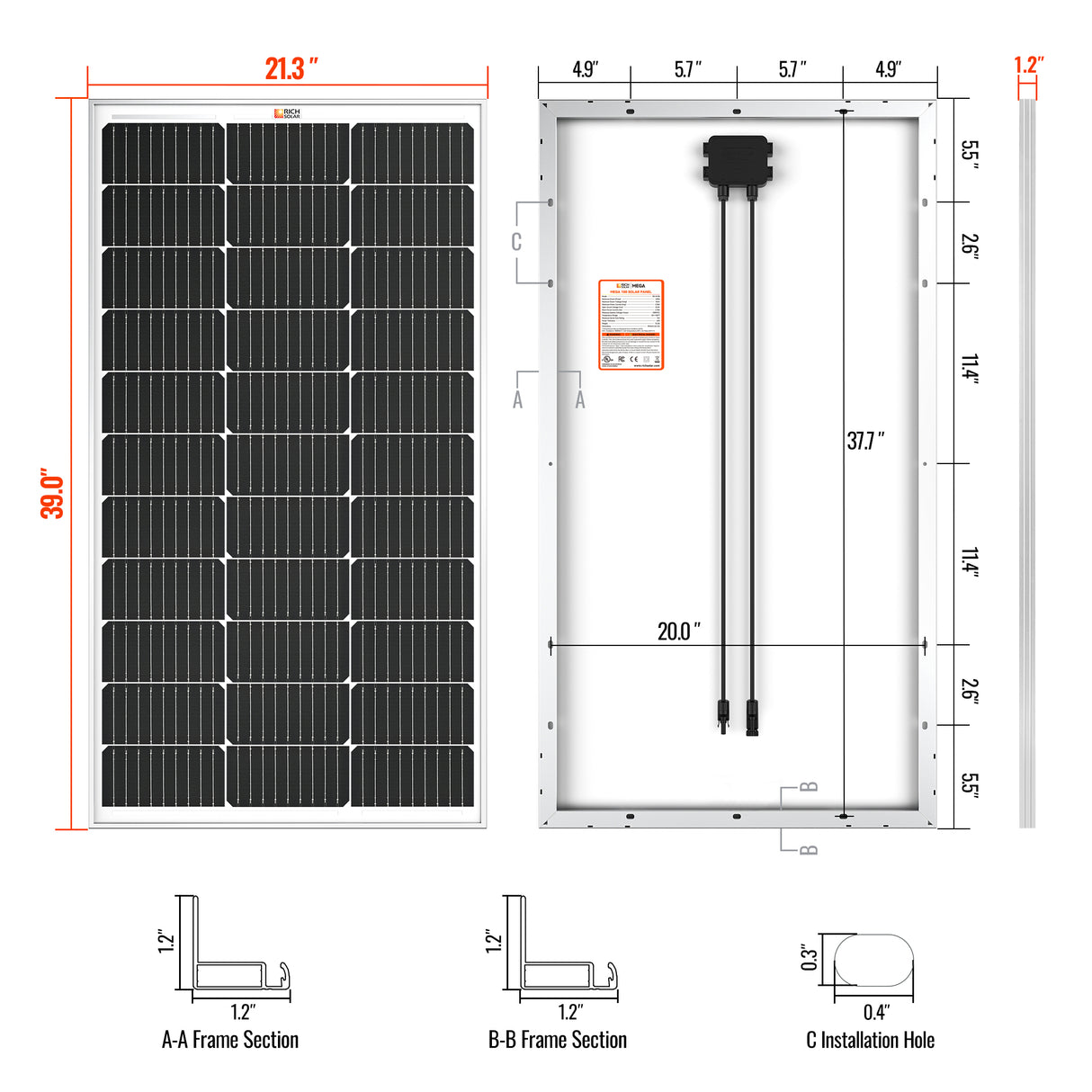 MEGA 100 | 100 Watt Solar Panel | Premier 12V Off-Grid Solar Panel for Vans, Campers, Boats | 25-Year Output Warranty | UL Certified - RICH SOLAR