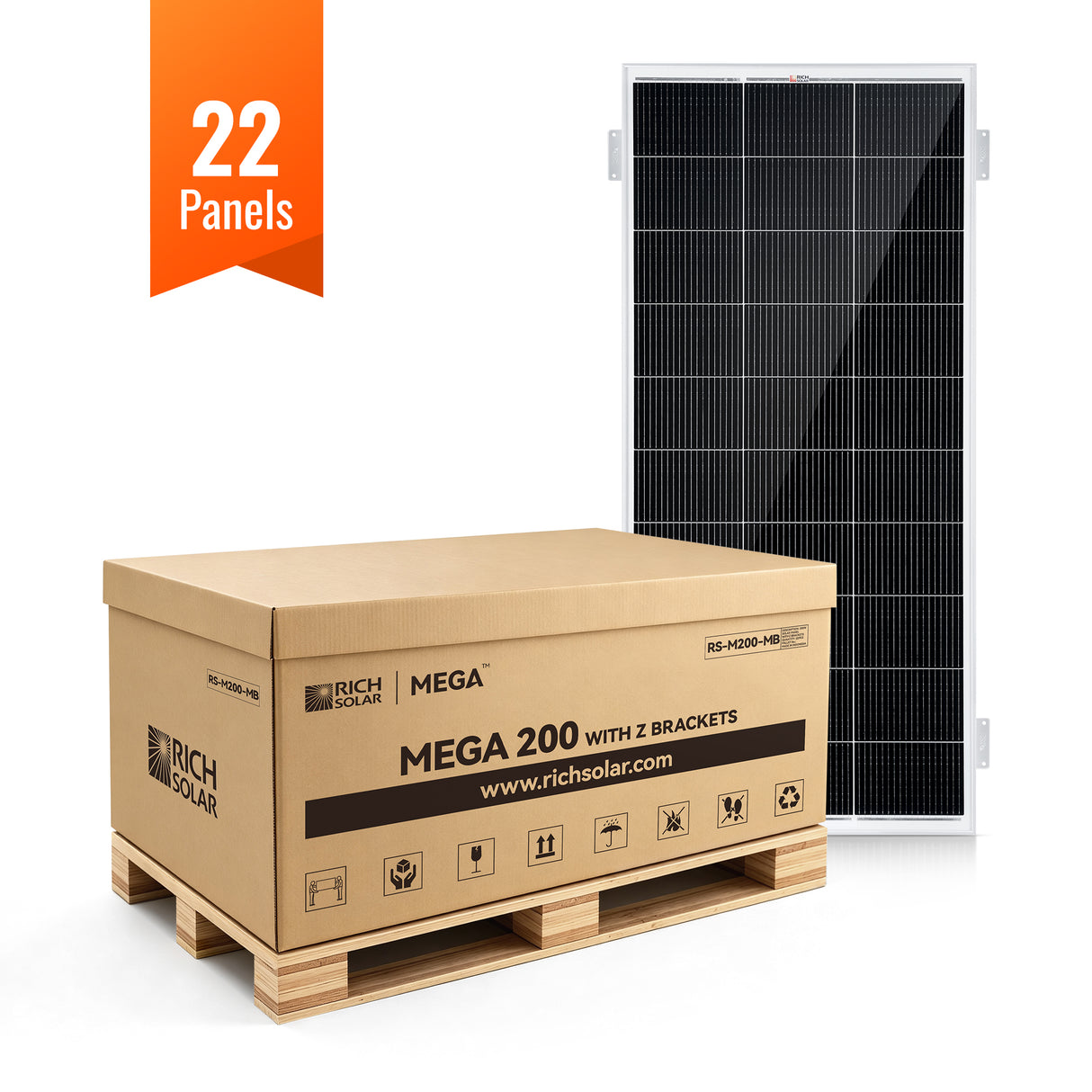 MEGA 200 WITH 3/4" Z BRACKETS | 12V 200W Solar Panel for RV, Boat, Cabins | 25.3% Efficiency, 25-Year Warranty | Pallet Orders Only (22/44/66 PCS) - RICH SOLAR