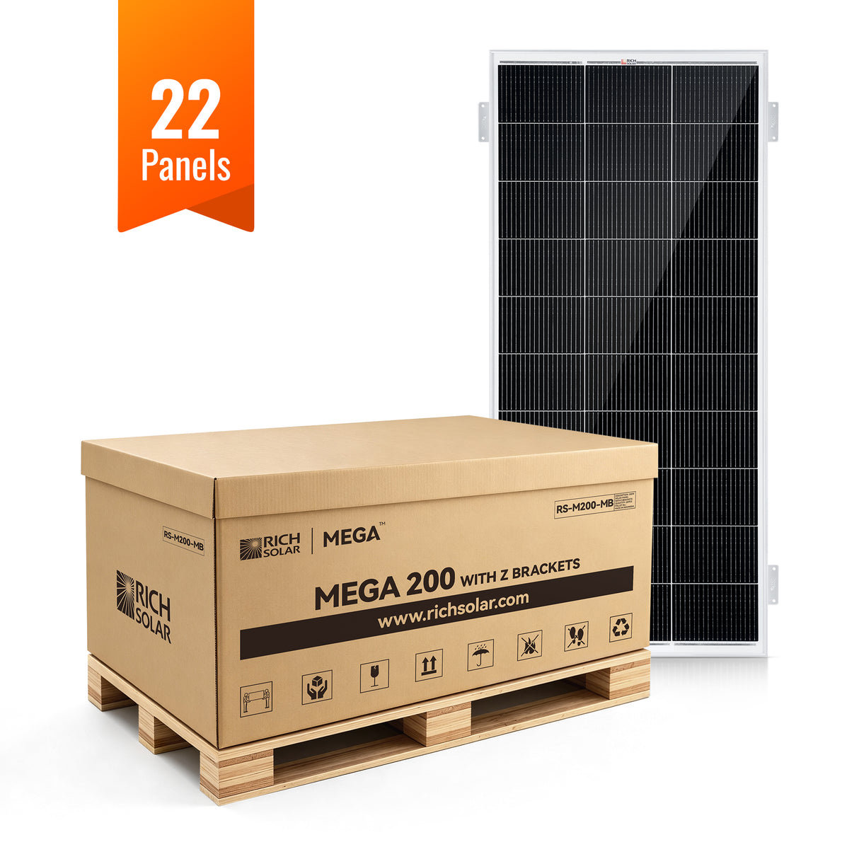 MEGA 200 WITH 3/4" Z BRACKETS | 12V 200W Solar Panel for RV, Boat, Cabins | 25.3% Efficiency, 25-Year Warranty | Pallet Orders Only (22/44/66 PCS) - RICH SOLAR