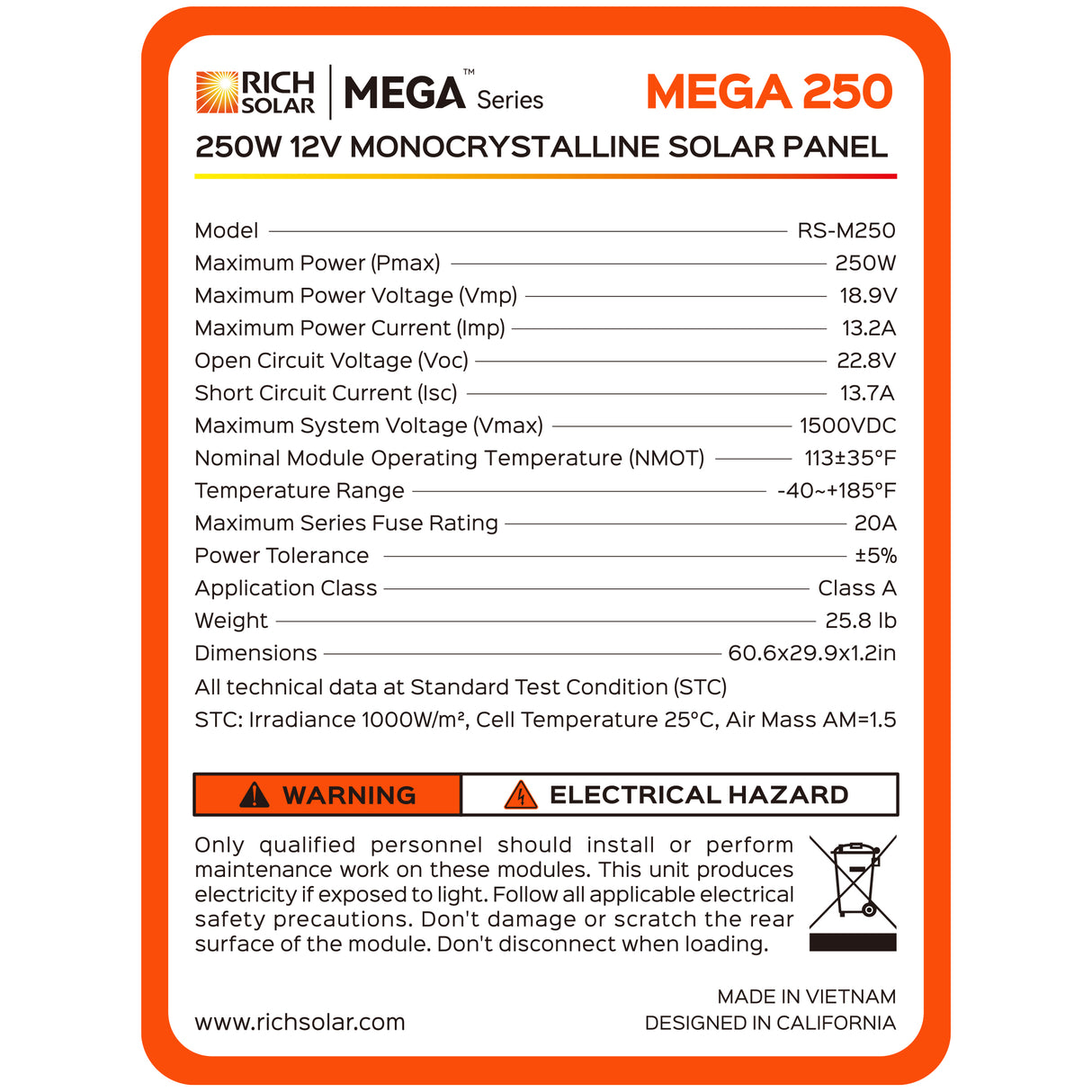 MEGA 250 Watt Monocrystalline Solar Panel | Best 12V Panel for RVs and Off-Grid | 25-Year Output Warranty | UL Certified - RICH SOLAR