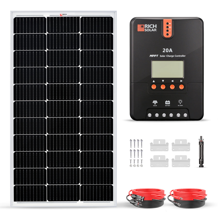 Kit contents laid out on white: one framed monocrystalline panel standing upright on the left; to the right a black wall-mount charge controller with an LCD and four round buttons, a set of four L-shaped mounting brackets with screws and washers, an in-line fuse holder with MC4 ends, and two coiled red and black cable pairs with MC4 connectors.