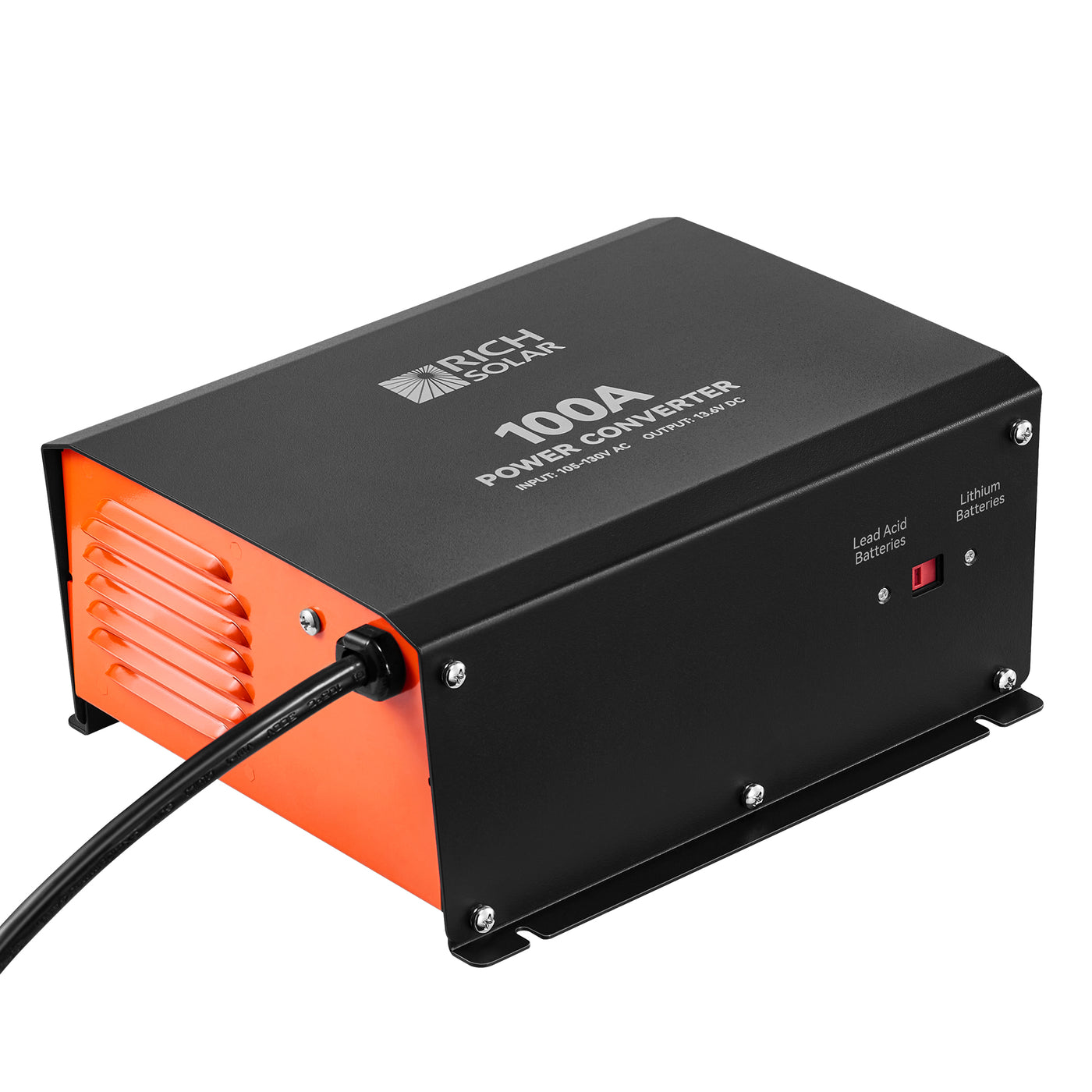 Rich Solar 100 Amp Power Converter angled view with AC power cord, cooling side, and front indicator area