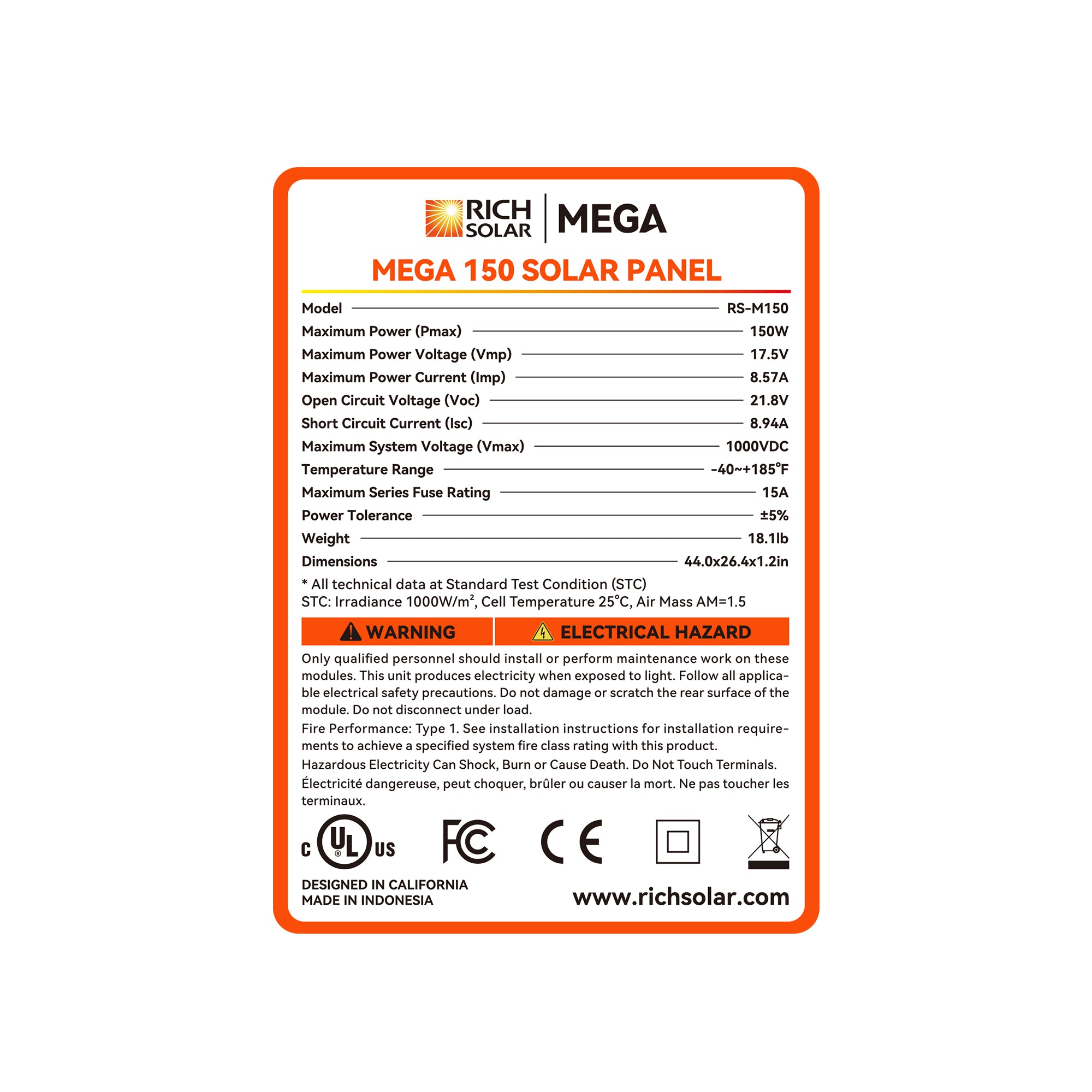 MEGA 150 | 150 Watt Solar Panel | Lightweight 12V Off-Grid Solar Panel for RVs, Cabins, Boats | 25-Year Output Warranty | UL Certified