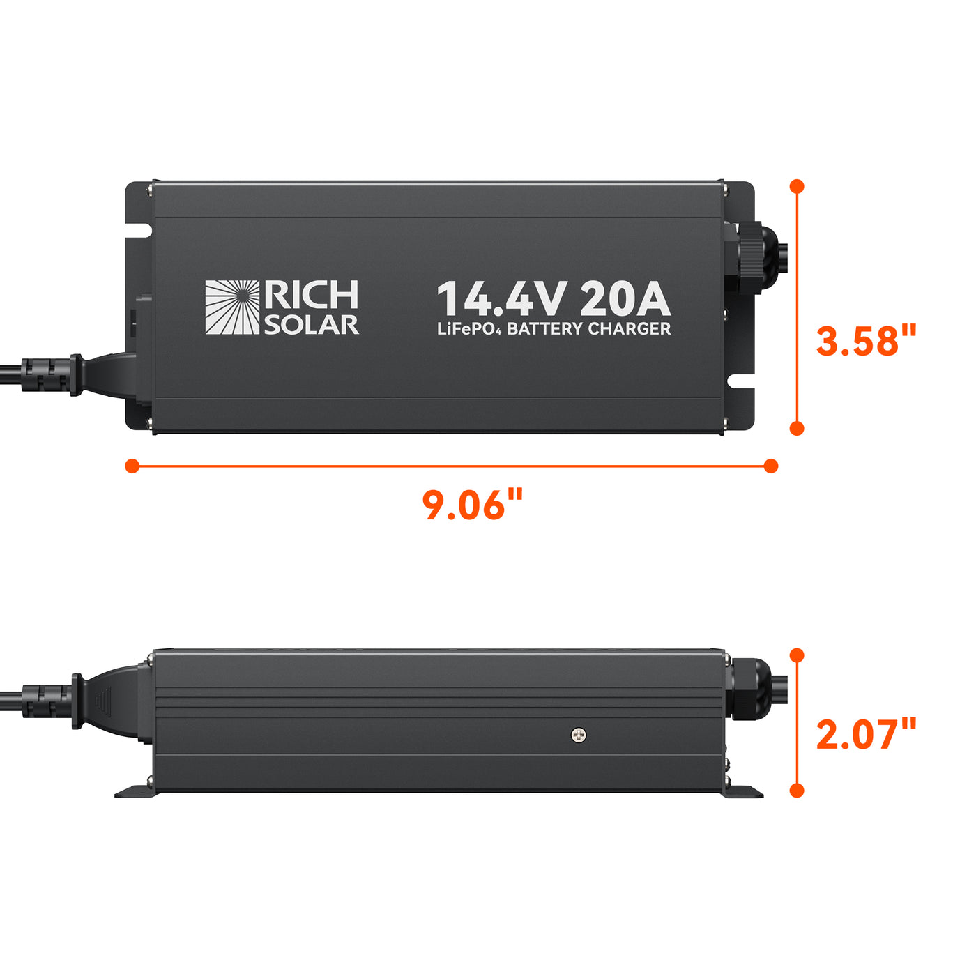 Rich Solar 12V 20A LiFePO4 charger dimensions showing 9.06 inch length, 3.58 inch width, and 2.07 inch height