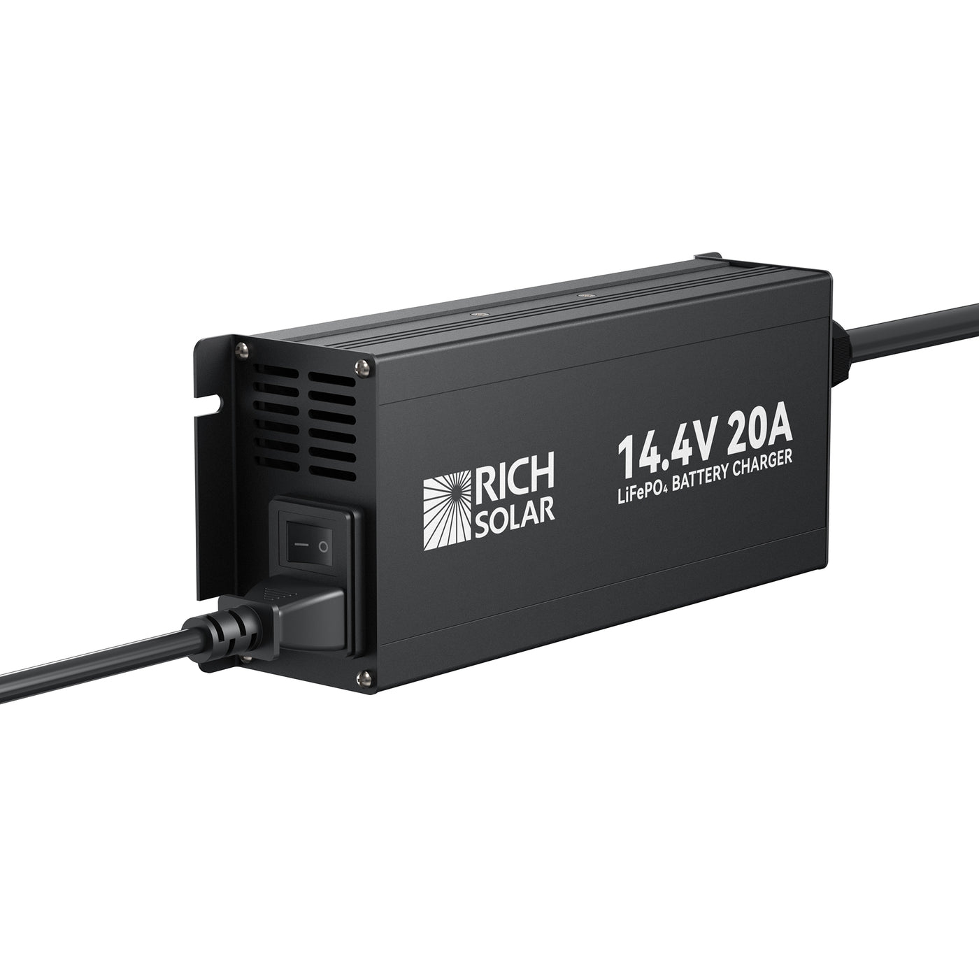 Rich Solar 14.4V 20A charger side view with LED indicator area and AC cable