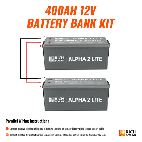 400Ah 12V LiFePO4 Off-Grid Battery Kit | 5.12kWh Deep Cycle Lithium Battery Bank | Powerful 300Ah Battery Kit for RVs, Trailers, Cabins, Campers, Vans, Off-Grid | 2 X ALPHA 2 LITE in Parallel - RICH SOLAR