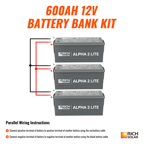 600Ah 12V LiFePO4 Off-Grid Battery Kit | 7.6kWh Deep Cycle Lithium Battery Bank | Powerful 600Ah Battery Bank for RVs, Trailers, Cabins, Campers, Vans, Off-Grid | 3 X ALPHA 2 LITE in Parallel - RICH SOLAR