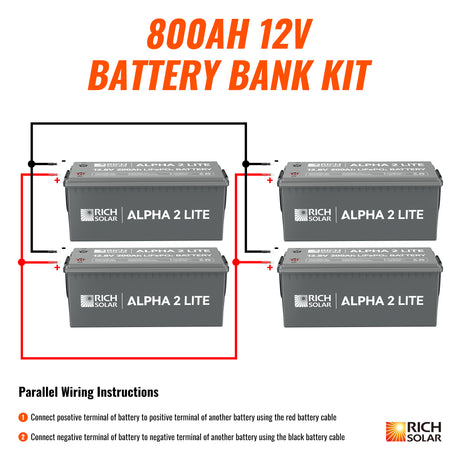 800Ah 12V LiFePO4 Off-Grid Battery Kit | 10.2kWh Deep Cycle Lithium Battery Bank | Powerful 800Ah Battery Bank for RVs, Trailers, Cabins, Campers, Vans, Off-Grid | 4 X ALPHA 2 LITE in Parallel - RICH SOLAR