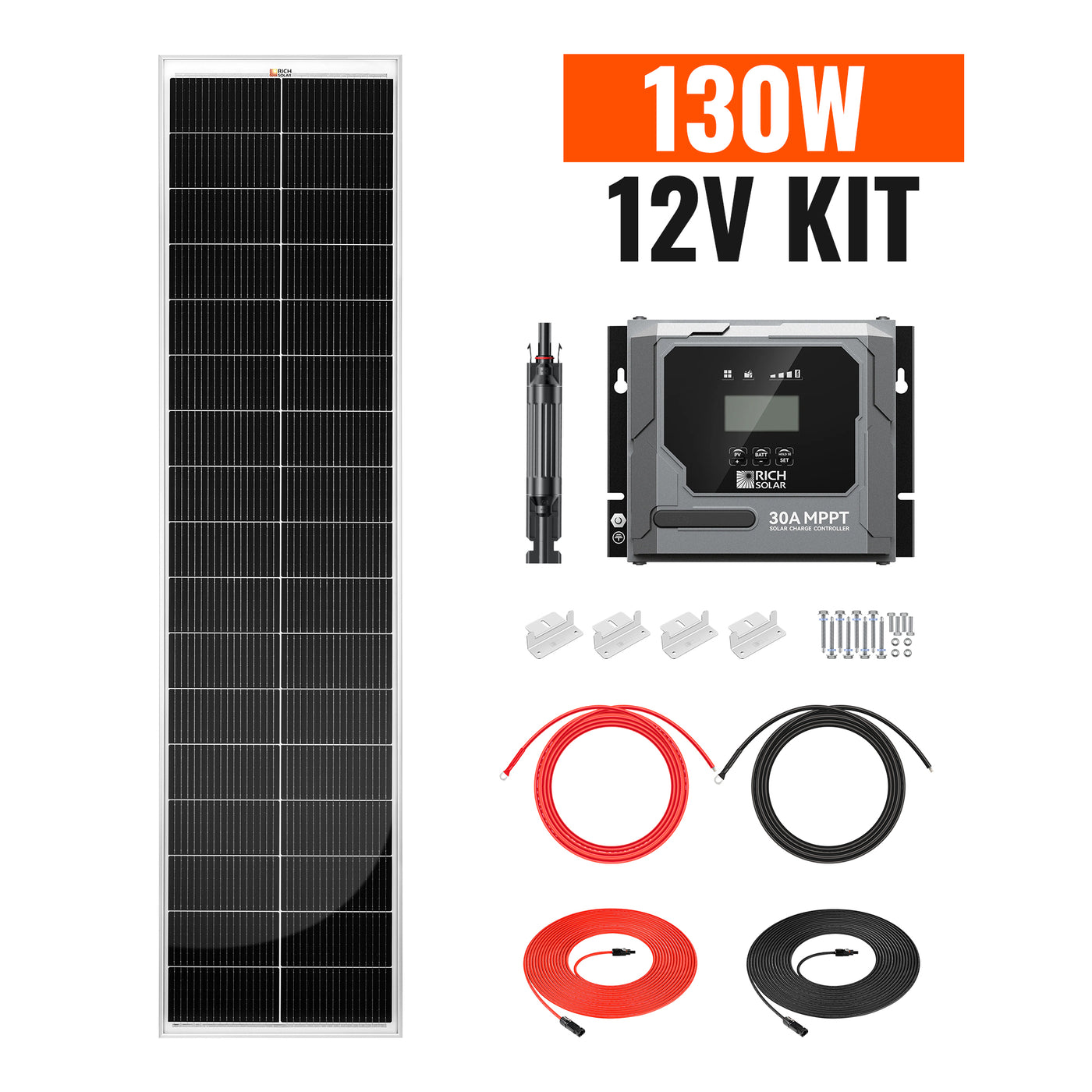 Rich Solar 130W Slim Kit components with panel controller cables brackets and fuse holder