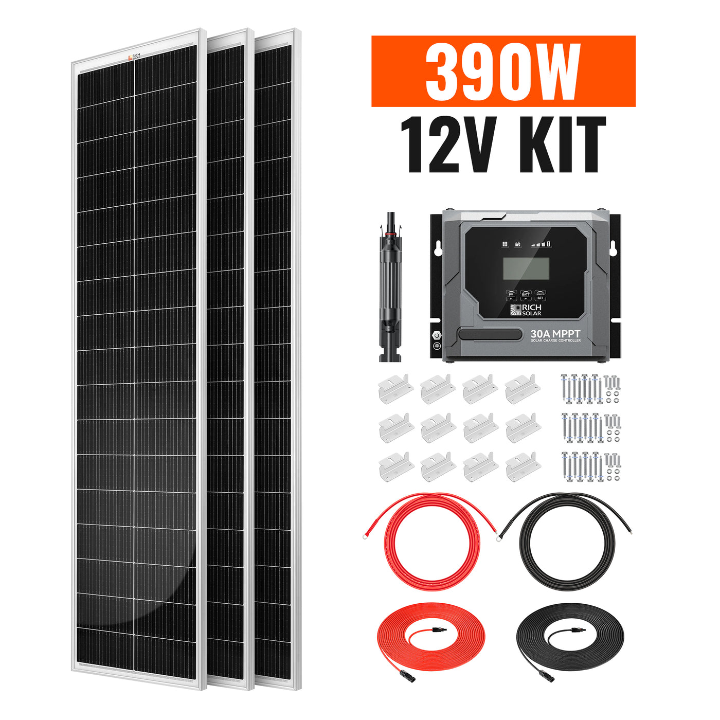 Rich Solar 390W Slim Kit included panels controller cables brackets and fuse holder
