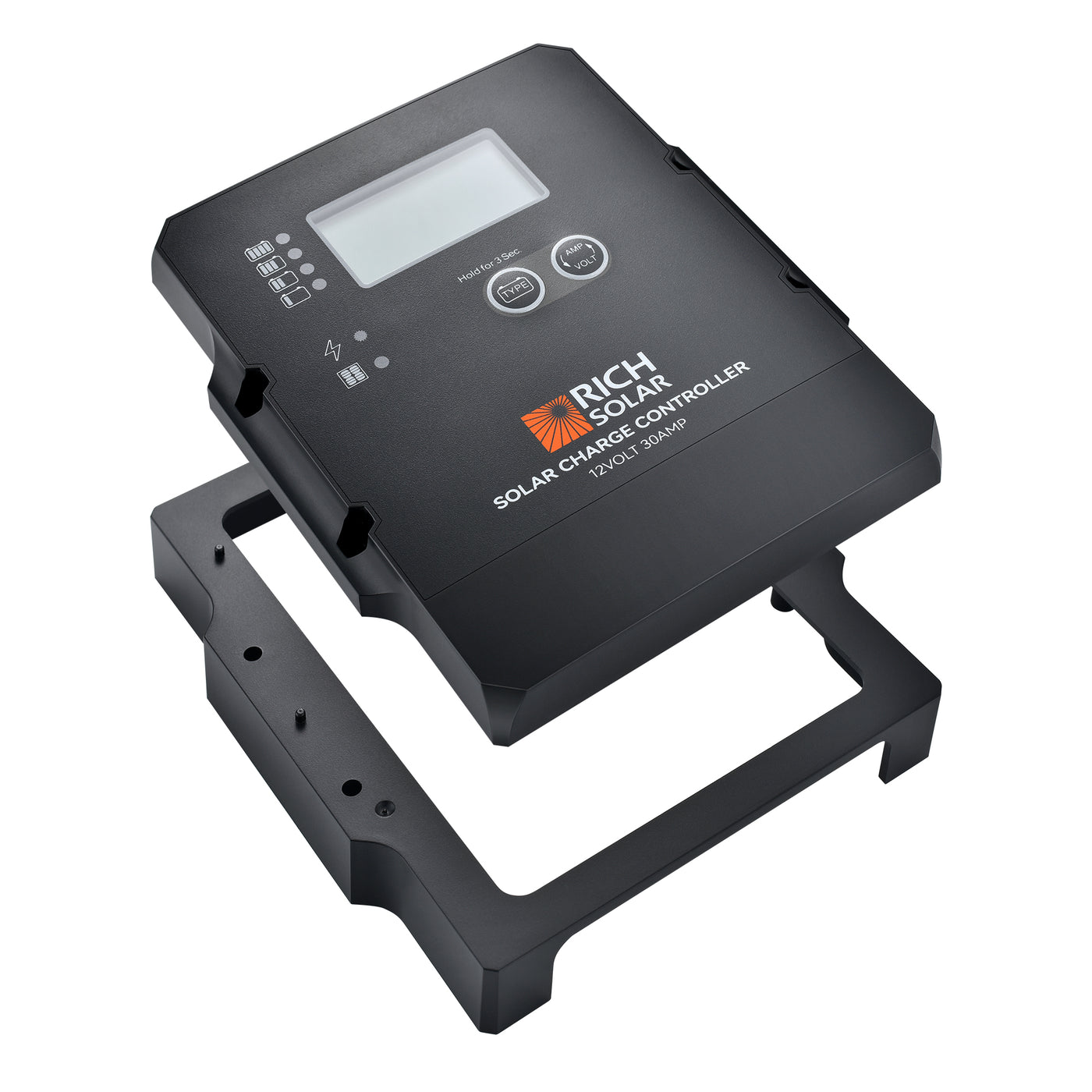 Rich Solar RS-PWM30F 30A PWM charge controller angled view with mounting bracket