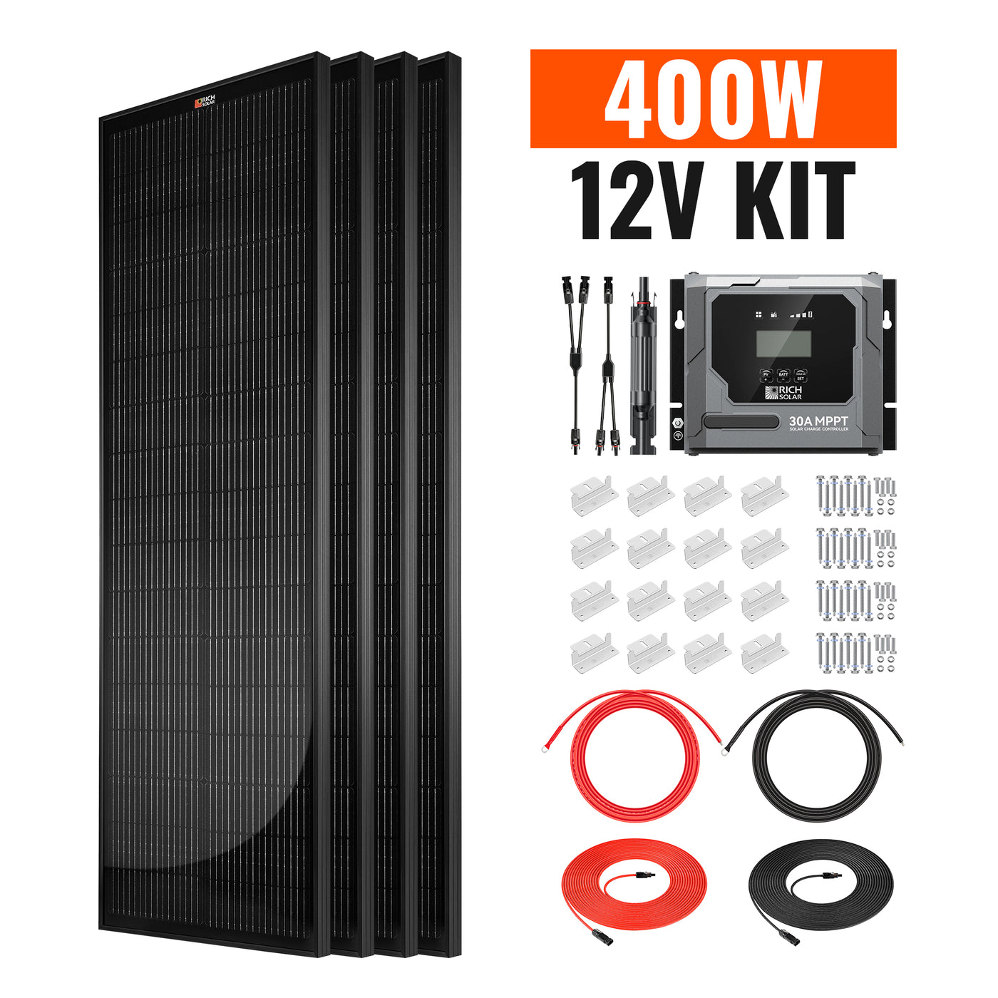 Rich Solar 400W Slim Kit included cables, Y branch adapters, brackets, fuse holder, and solar charging components