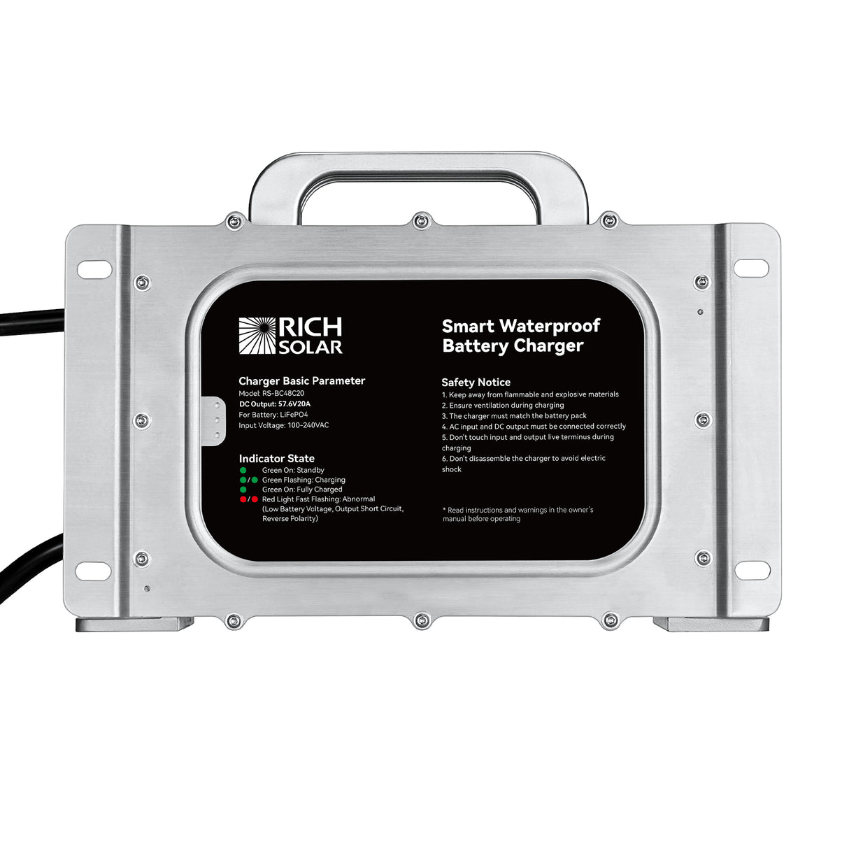 48V (57.6V) Waterproof LiFePO4 Charger | 20A / 25A,  100-240V AC, 8-in-1 Protection, Fan-Cooled