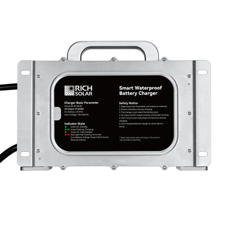 48V (57.6V) Waterproof LiFePO4 Charger | 20A / 25A,  100-240V AC, 8-in-1 Protection, Fan-Cooled - RICH SOLAR
