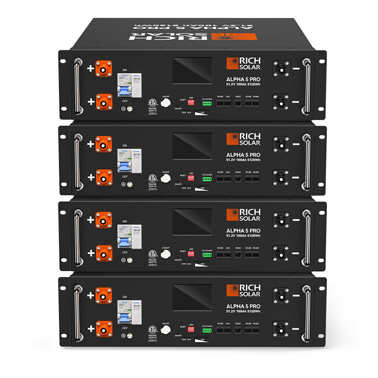 4 Rich Solar ALPHA 5 PRO server-rack LiFePO4 batteries included with RS-CBK4000240 kit