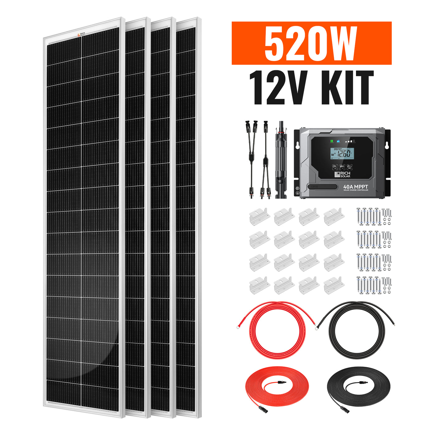 Rich Solar RS-K520SL 520W 12V slim solar kit components with controller cables brackets adapters and fuse holder