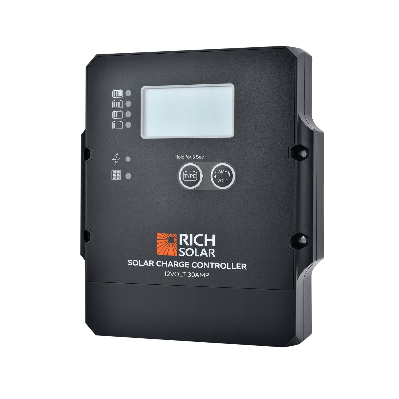 Rich Solar RS-PWM30F 12V 30A PWM controller front display and LED battery status indicators