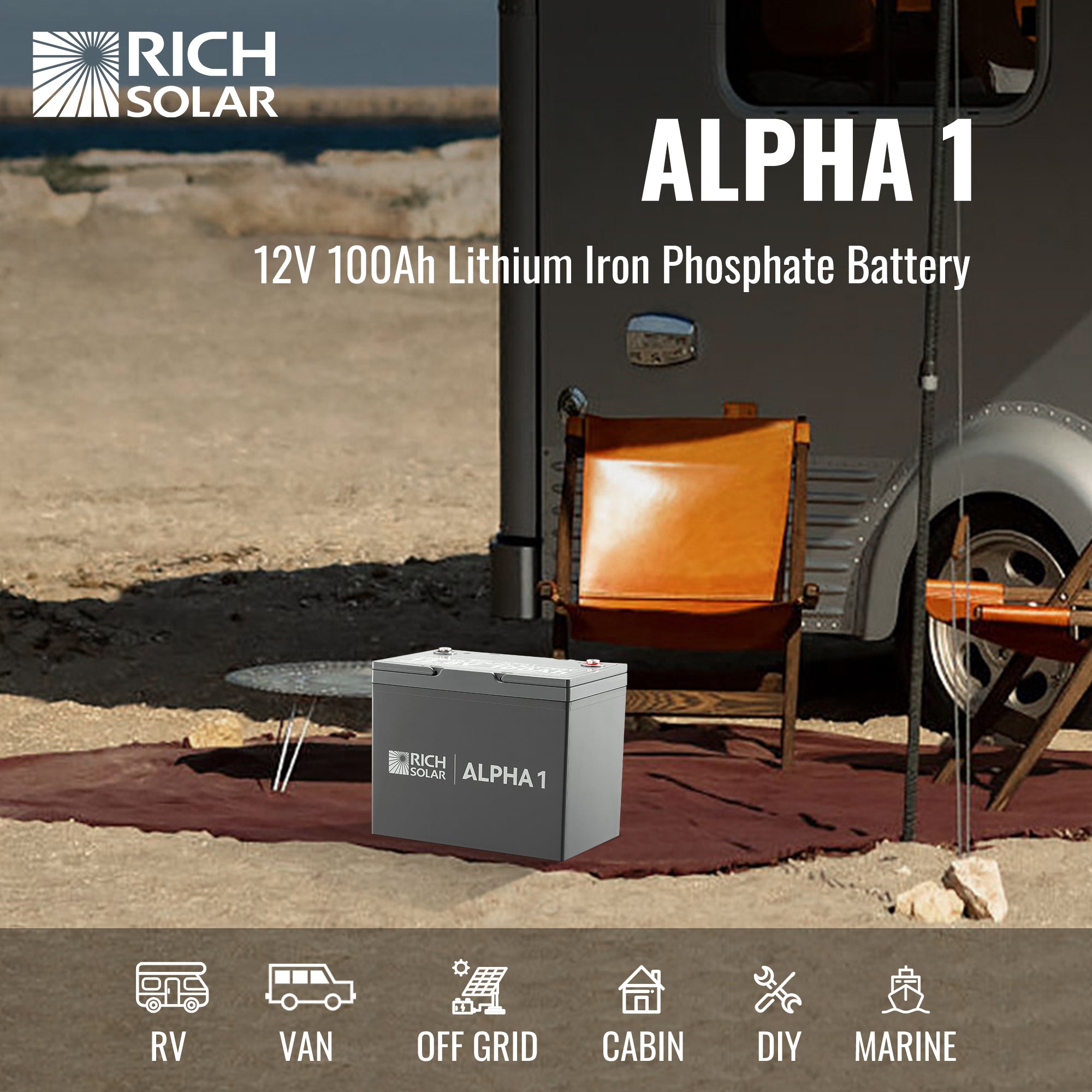 ALPHA 1 | 12V 100Ah LiFePO4 Battery | Powerful 12V Lithium Battery for RVs, Trailers, Vans, Boats, Off-Grid | 5,000 Lifetime Cycles | Bluetooth and Internal Heat Technology - RICH SOLAR