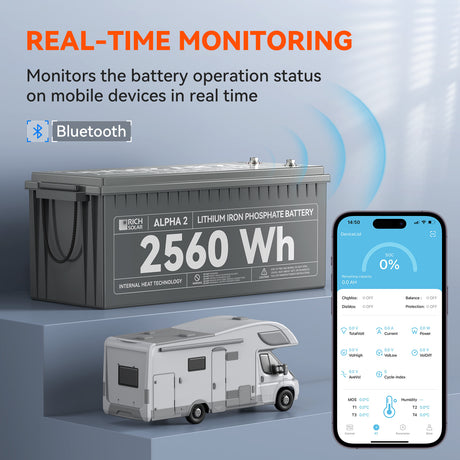 ALPHA 2 | 12V 200Ah LiFePO4 Battery | Powerful 12V Lithium Battery for RVs, Trailers, Vans, Boats, Off-Grid | 5,000 Lifetime Cycles | Bluetooth and Internal Heat Technology - RICH SOLAR