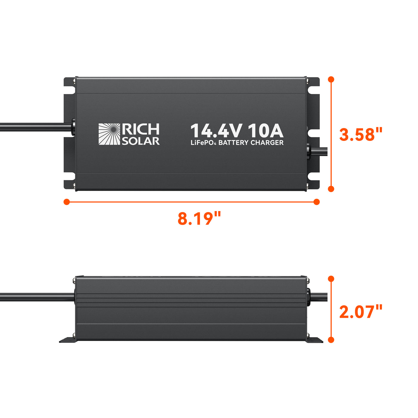 Rich Solar 12V 10A LiFePO4 charger dimensions showing 8.19 inch length, 3.58 inch width, and 2.07 inch height
