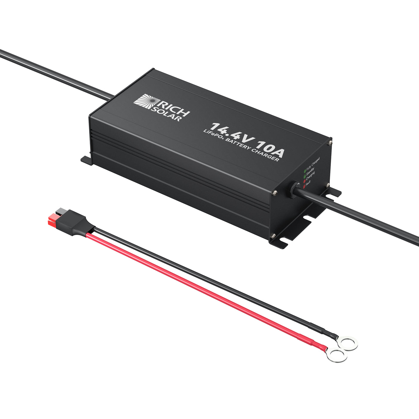 Rich Solar RS-BC12V10 charger angled view with aluminum shell and charging cable