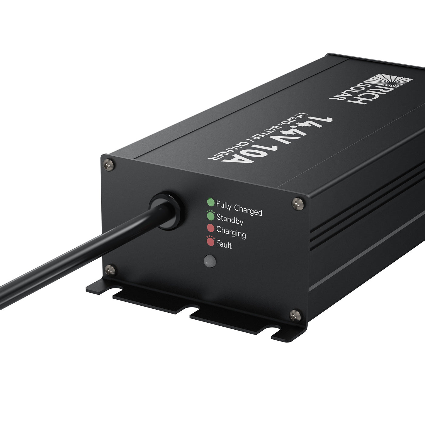 Close-up of Rich Solar 12V 10A LiFePO4 battery charger LED status indicators