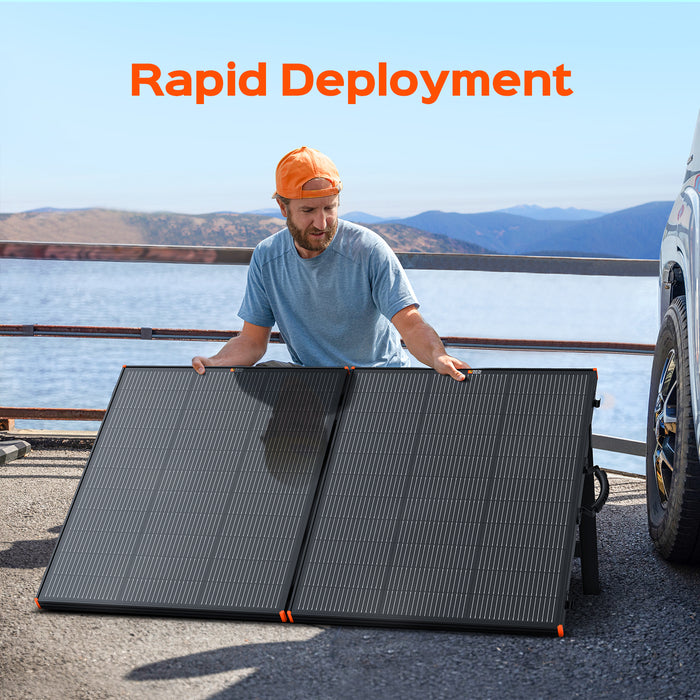 Rich Solar MEGA 200 Briefcase connected to portable power station