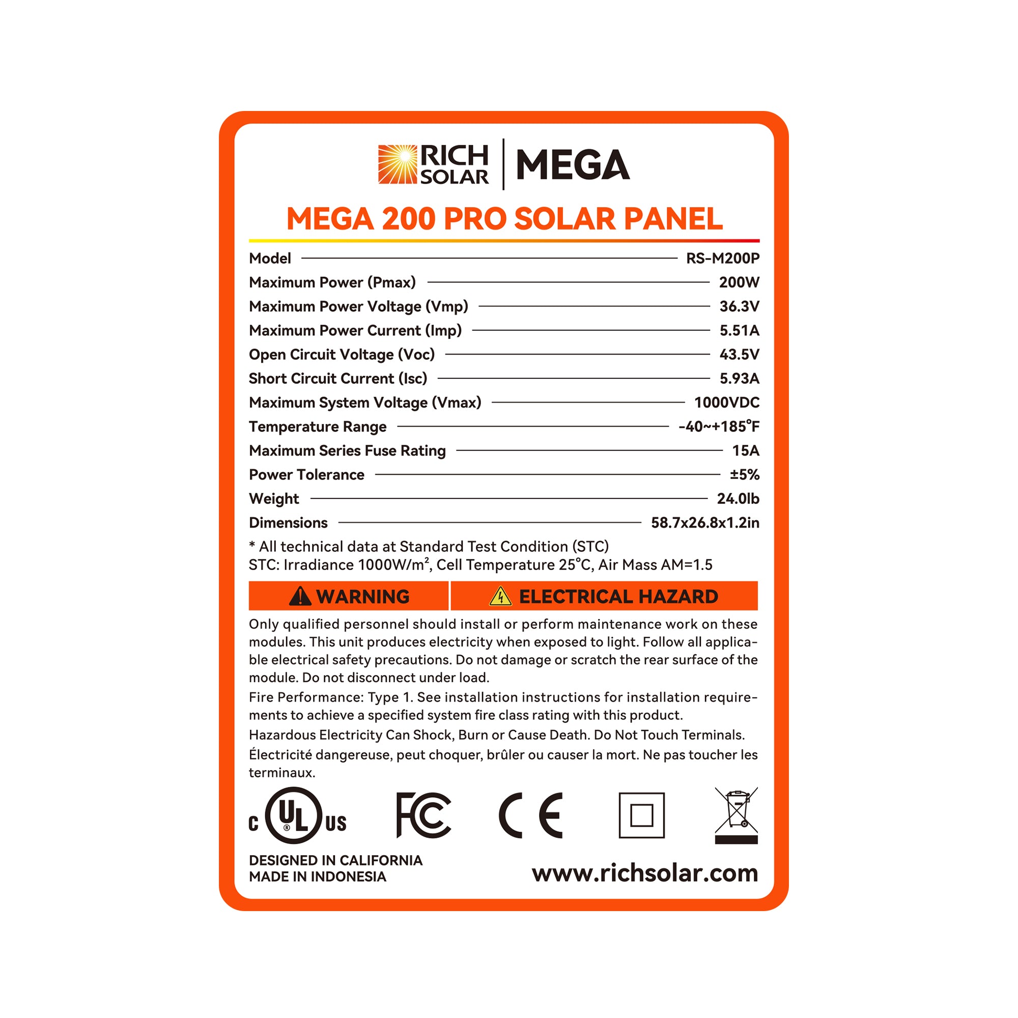 MEGA 200 PRO | 200 Watt 24 Volt Solar Panel | Premium 24V Off-Grid Solar Panel for RVs, Trailers, Cabins | 25-Year Output Warranty | UL Certified