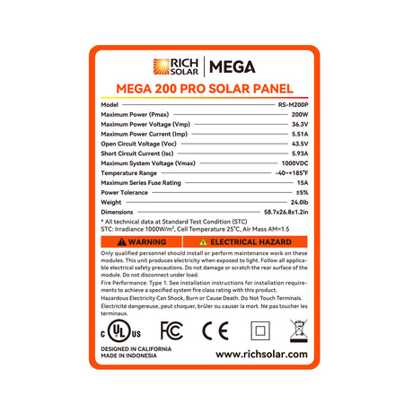 MEGA 200 PRO | 200 Watt 24 Volt Solar Panel | Premium 24V Off-Grid Solar Panel for RVs, Trailers, Cabins | 25-Year Output Warranty | UL Certified - RICH SOLAR