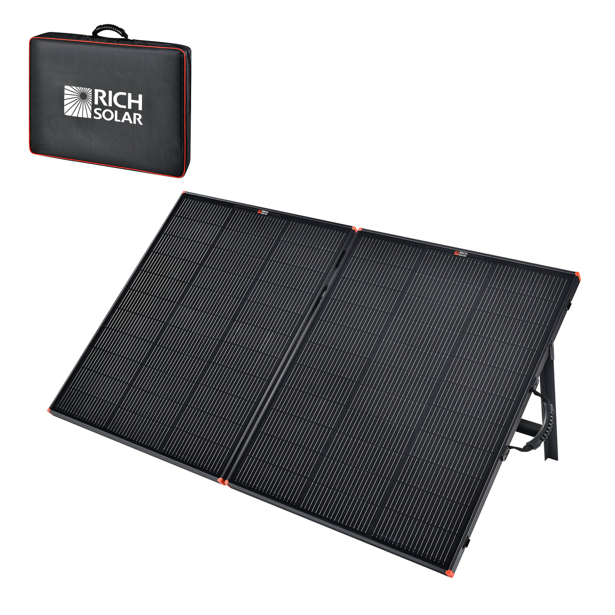 Rich Solar MEGA 200 Portable Briefcase 200W 12V solar panel open and deployed